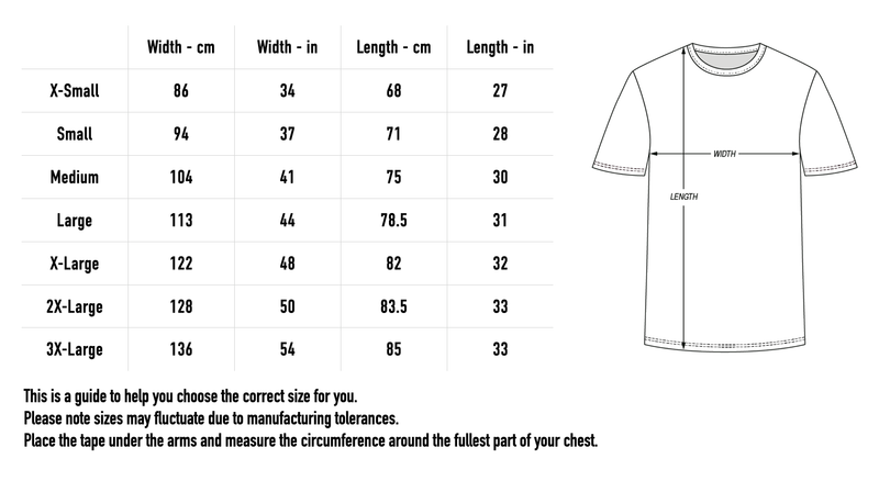 Size chart for White Reaper Tee - White